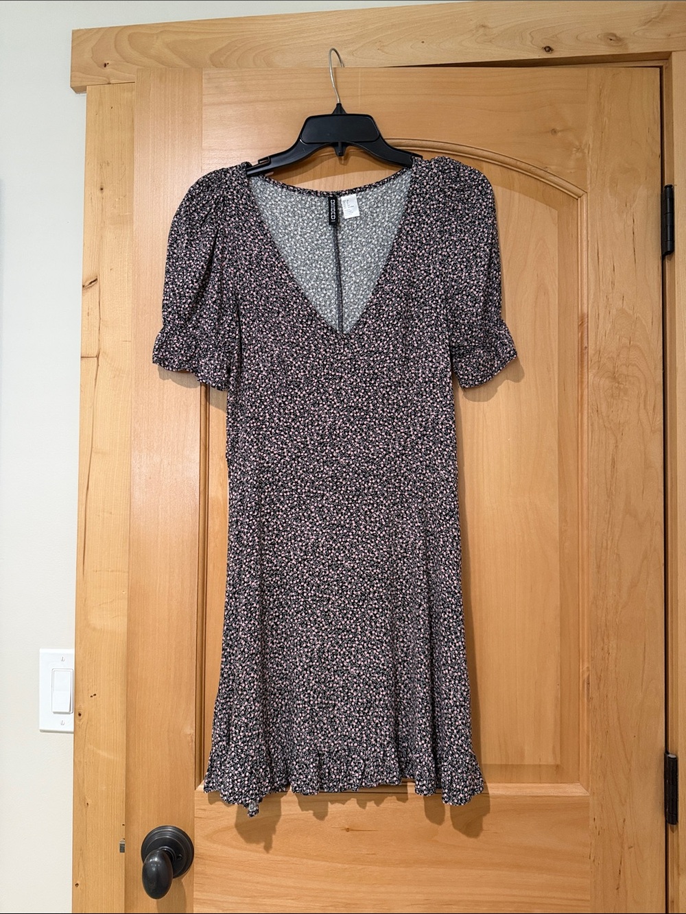 H&M Black Mini Dress with Pink Ditsy Floral Print